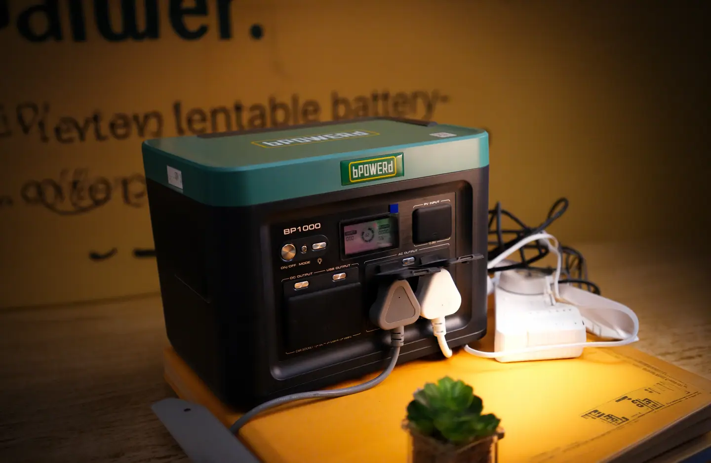 A bPOWERd BP1000 battery with two appliances plugged into it