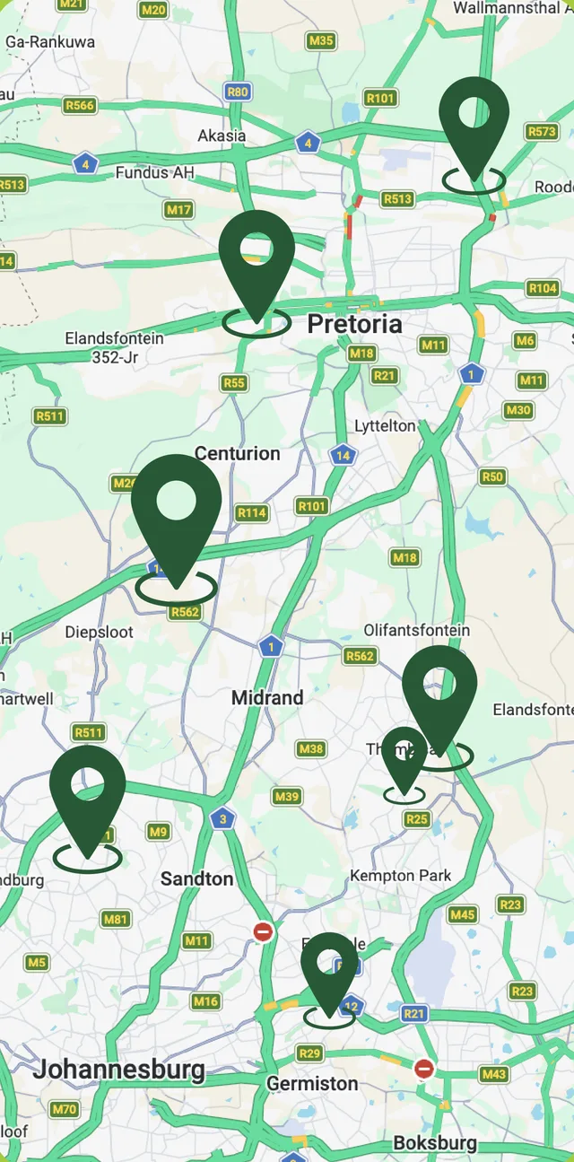 Map of bPOWERd battery rental locations across Gauteng, from Johannesburg to Pretoria
